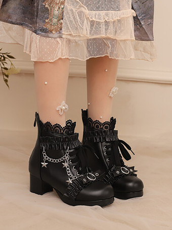 ロココ風ロリータブーツ PUレザー レース フリル チェーン ラウンドトゥ ブラック ロリータ フットウェア