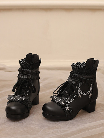 ロココ風ロリータブーツ PUレザー レース フリル チェーン ラウンドトゥ ブラック ロリータ フットウェア