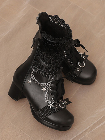 ロココ風ロリータブーツ PUレザー レース フリル チェーン ラウンドトゥ ブラック ロリータ フットウェア