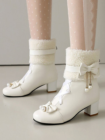 アイボリー ロココ風ロリータブーツ PUレザー レース リボン パール ラウンドトゥ エクリュ ホワイト ロリータ フットウェア