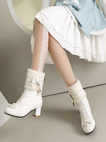 ロココ風ロリータブーツ PUレザー レース リボン パール ラウンドトゥ エクリュ ホワイト ロリータ フットウェア