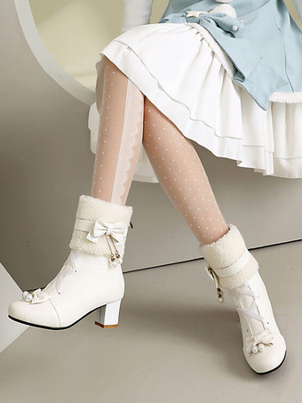 ロココ風ロリータブーツ PUレザー レース リボン パール ラウンドトゥ エクリュ ホワイト ロリータ フットウェア