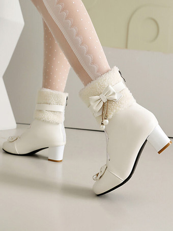 ロココ風ロリータブーツ PUレザー レース リボン パール ラウンドトゥ エクリュ ホワイト ロリータ フットウェア
