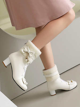 ロココ風ロリータブーツ PUレザー レース リボン パール ラウンドトゥ エクリュ ホワイト ロリータ フットウェア