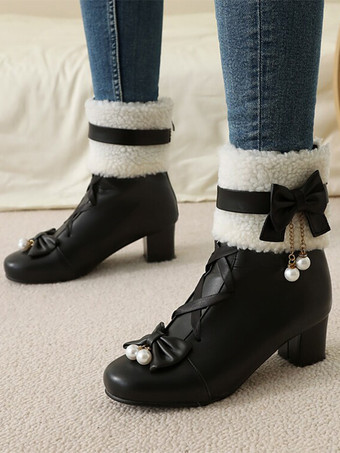 ブラック ロココ風ロリータブーツ PUレザー レース リボン パール ラウンドトゥ エクリュ ホワイト ロリータ フットウェア