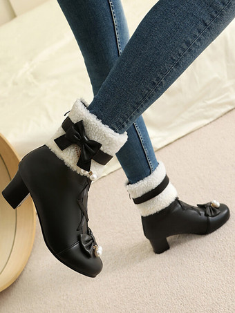 ロココ風ロリータブーツ PUレザー レース リボン パール ラウンドトゥ エクリュ ホワイト ロリータ フットウェア