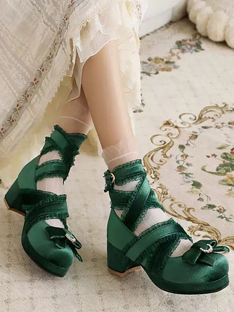 ダークグリーンロココ風ロリータ靴 ブラックレースリボンフリルラウンドトゥヌバックロリータシューズ