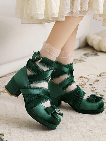 ロココ風ロリータ靴 ブラックレースリボンフリルラウンドトゥヌバックロリータシューズ