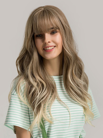 女性用ロングウィッグ ライトブラウン 前髪/フリンジ付き 耐熱ファイバー ハイライトヘア ロング合成ウィッグ