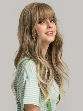 女性用ロングウィッグ ライトブラウン 前髪/フリンジ付き 耐熱ファイバー ハイライトヘア ロング合成ウィッグ