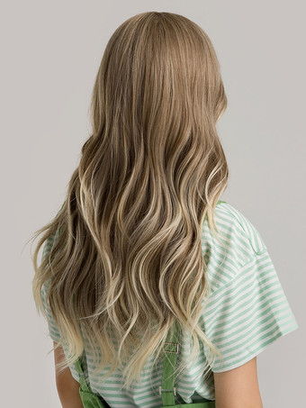 女性用ロングウィッグ ライトブラウン 前髪/フリンジ付き 耐熱ファイバー ハイライトヘア ロング合成ウィッグ