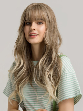 ライトブラウン女性用ロングウィッグ ライトブラウン 前髪/フリンジ付き 耐熱ファイバー ハイライトヘア ロング合成ウィッグ