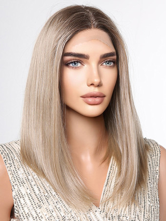 女性用ロングウィッグ ライトゴールド センター分け 耐熱ファイバー ミディアム 合成ウィッグ