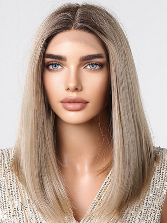 女性用ロングウィッグ ライトゴールド センター分け 耐熱ファイバー ミディアム 合成ウィッグ