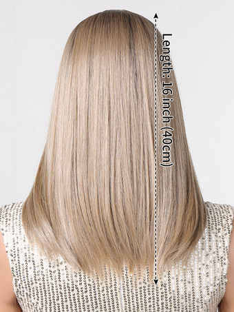 女性用ロングウィッグ ライトゴールド センター分け 耐熱ファイバー ミディアム 合成ウィッグ