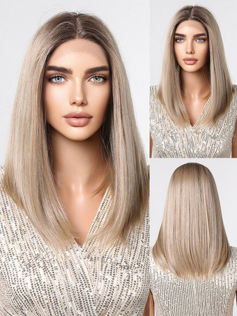 ライトゴール女性用ロングウィッグ ライトゴールド センター分け 耐熱ファイバー ミディアム 合成ウィッグ