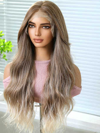 ライトブラウン女性用ロングウィッグ ライトブラウン センター分け 耐熱ファイバー ハイライトヘア ロング合成ウィッグ