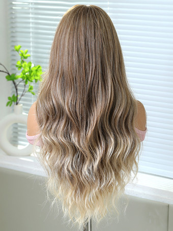 女性用ロングウィッグ ライトブラウン センター分け 耐熱ファイバー ハイライトヘア ロング合成ウィッグ