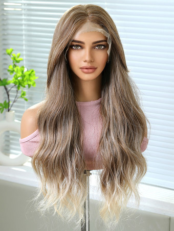 女性用ロングウィッグ ライトブラウン センター分け 耐熱ファイバー ハイライトヘア ロング合成ウィッグ
