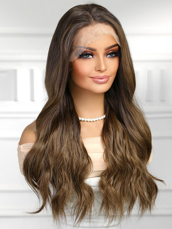 女性用ロングウィッグ コーヒーブラウン センター分け 耐熱ファイバー 乱れたロング合成ウィッグ