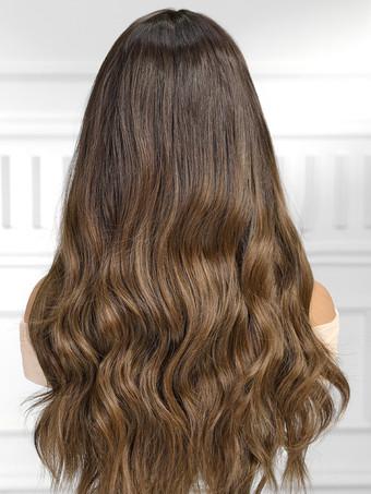 女性用ロングウィッグ コーヒーブラウン センター分け 耐熱ファイバー 乱れたロング合成ウィッグ
