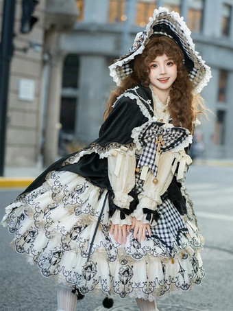 Victorian-Inspired Black and White Gothic Lolita Dress with Lace and Gingham Bow Accents