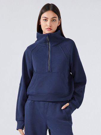 ダークネイビーレディース パーカー ライトグレー ジッパー ポリエステル フード付き スウェットシャツ