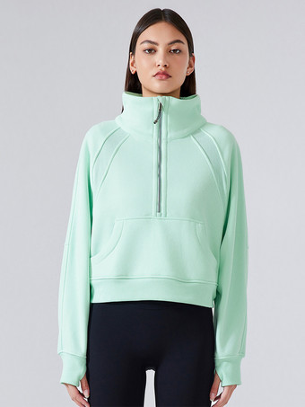 パステルグリーンレディース パーカー ライトグレー ジッパー ポリエステル フード付き スウェットシャツ