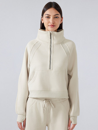 アイボリー レディース パーカー ライトグレー ジッパー ポリエステル フード付き スウェットシャツ