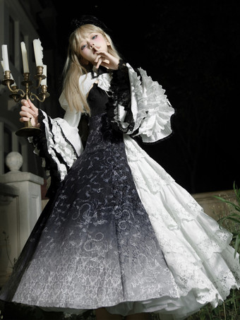   ゴシック ロリータ ドレス レース 花柄 ブラック ブラック