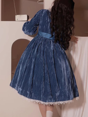 クラシカルロリータドレス ベロア フリル 長袖 ロリータドレス クラシックブルー