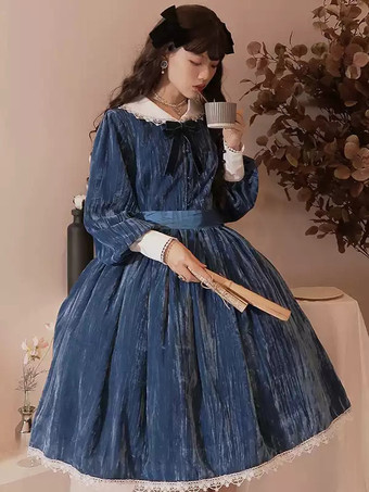 クラシカルロリータドレス ベロア フリル 長袖 ロリータドレス クラシックブルー