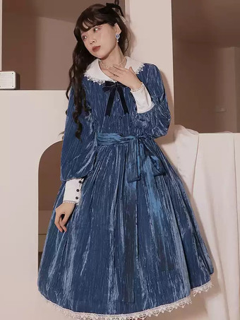クラシカルロリータドレス ベロア フリル 長袖 ロリータドレス クラシックブルー