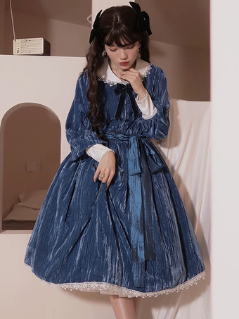 クラシカルロリータドレス ベロア フリル 長袖 ロリータドレス クラシックブルー