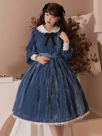 ブルー クラシカルロリータドレス ベロア フリル 長袖 ロリータドレス クラシックブルー