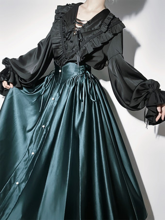 ゴシックロリータブラウス フリル 長袖ブラウス ロリータトップ 黒ロリータシャツ