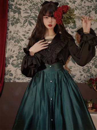 ブラック ゴシックロリータブラウス フリル 長袖ブラウス ロリータトップ 黒ロリータシャツ