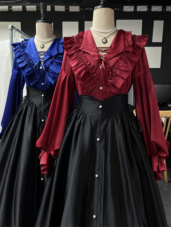 ワインレッド ゴシックロリータブラウス フリル 長袖ブラウス ロリータトップ 黒ロリータシャツ