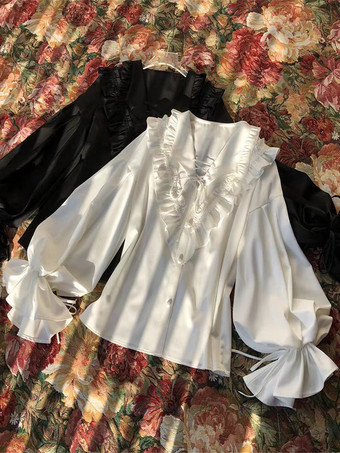 ゴシックロリータブラウス フリル 長袖ブラウス ロリータトップ 黒ロリータシャツ