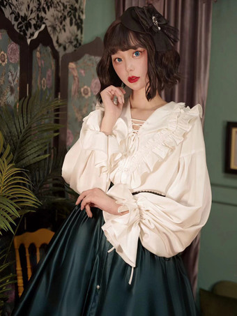 ホワイト ゴシックロリータブラウス フリル 長袖ブラウス ロリータトップ 黒ロリータシャツ