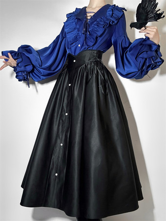 ゴシックロリータブラウス フリル 長袖ブラウス ロリータトップ 黒ロリータシャツ
