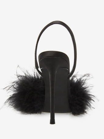 サテンハイヒール フェイクフェザー ポインテッドトゥ スリングバックパンプス レディース