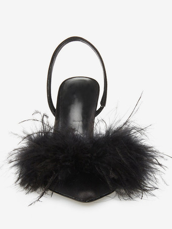 サテンハイヒール フェイクフェザー ポインテッドトゥ スリングバックパンプス レディース