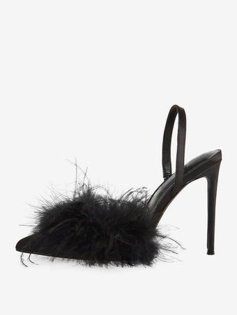 ブラック サテンハイヒール フェイクフェザー ポインテッドトゥ スリングバックパンプス レディース