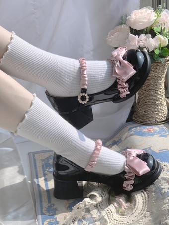 Sweet Lolita Footwear Light Sky Blue Bows Lace PU Leather Chunky Heel Lolita Pumps