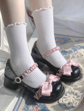 Black Sweet Lolita Footwear Light Sky Blue Bows Lace PU Leather Chunky Heel Lolita Pumps