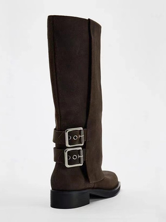 スエードニーハイブーツ バックルディテール フォールドオーバー コーヒーブラウンブーツ