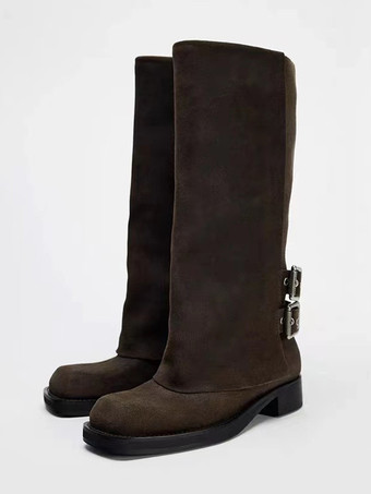 スエードニーハイブーツ バックルディテール フォールドオーバー コーヒーブラウンブーツ