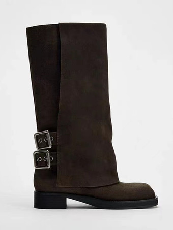 スエードニーハイブーツ バックルディテール フォールドオーバー コーヒーブラウンブーツ