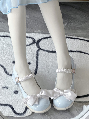 Sweet Lolita Footwear Light Sky Blue Bows Lace PU Leather Chunky Heel Lolita Pumps